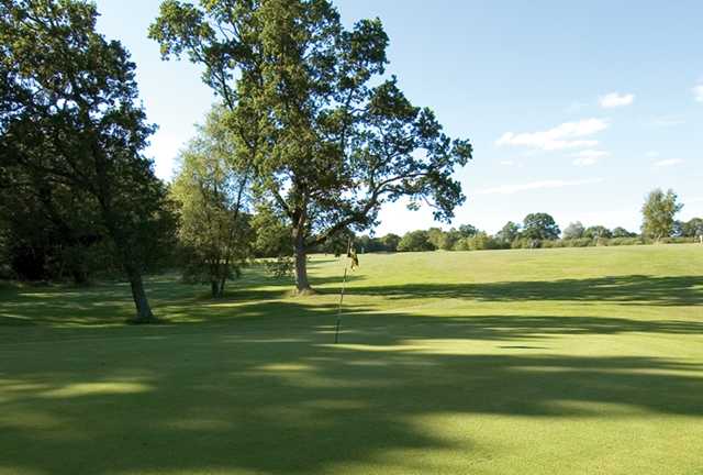 A sunny day view of a green at Crane Valley Golf Club