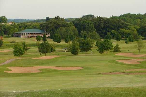 A view of hole #6 surrounded by bunkers at Oak Grove Golf Course