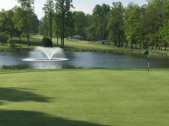 A view of a hole with water coming into play at Golden Oaks Golf Club