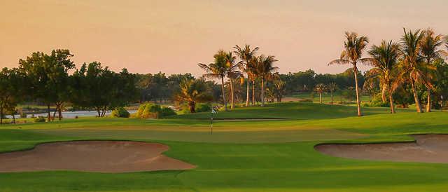 A view of a well protected  hole at Abu Dhabi Golf Club
