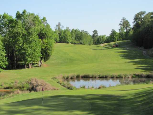 A sunny day view of a green with water coming into play at River Falls Plantation