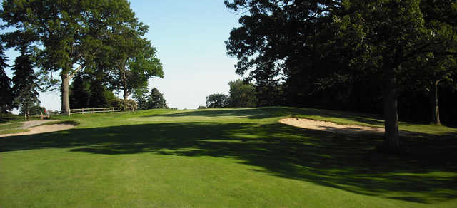 A view of a hole flanked by sand traps at D. W. Field Golf Course