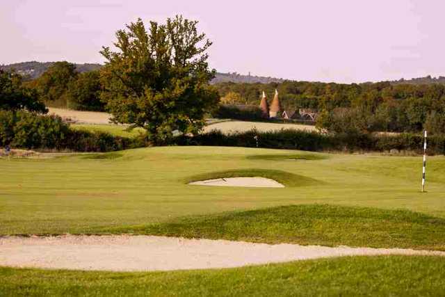 A view of a bunkered green from the Boleyn Course at Hever Castle Golf Club