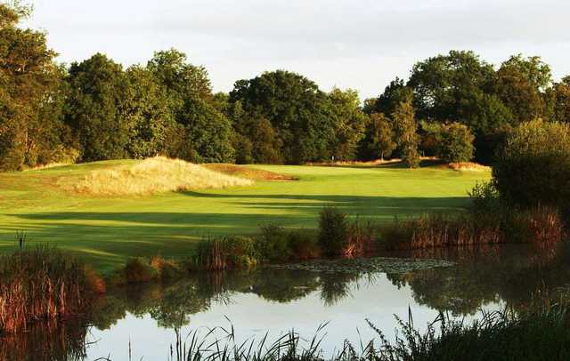 Looking over the water to the 5th green on the Boleyn Course at Hever Castle Golf Club