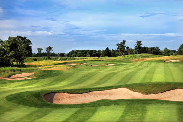 A view of the 3rd green with bunkers in foreground at Turning Stone - Shenendoah Golf Club