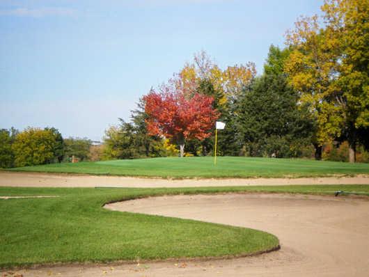 A view of hole #3 surrounded by bunkers at Bluff Creek Golf Course