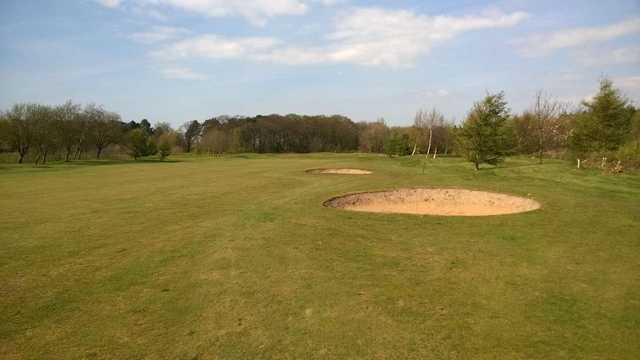 The approach shot to the green on the 5th hole at Formby Hall Golf Club