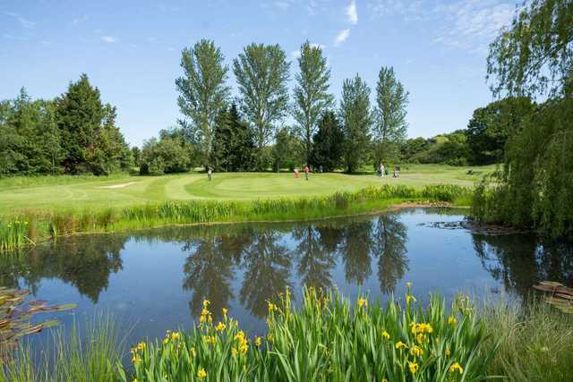 A view across the lake to the 2nd green at Cheshunt Park Golf Centre