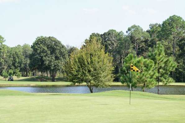 A view of a green with water in background at Schalamar Creek Golf Club