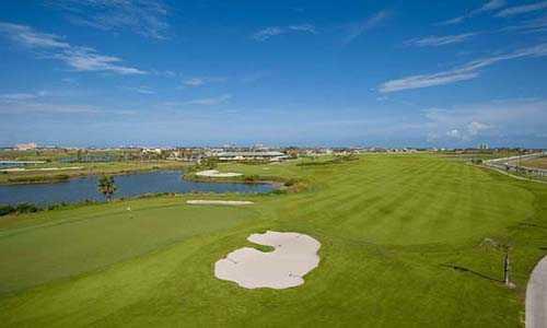 A view of the 5th green and fairway at Moody Gardens Golf Course
