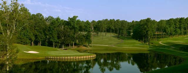 A view of the 2nd green surrounded by water at Cobblestone Park Golf Club