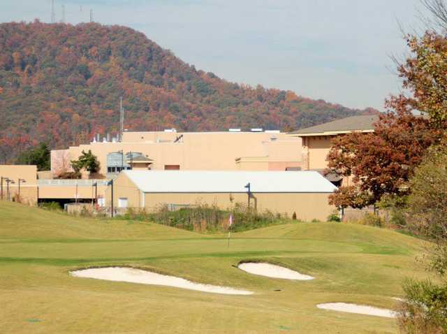 A view of hole #8 with several bunkers that guard the right side of the green from Cattails at Meadowview Golf Course.