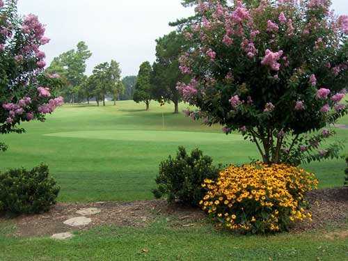 A view of the 18th green from the picnic area behind the clubhouse at McCanless Golf Club
