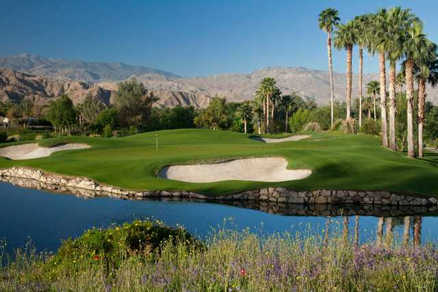 A view of a green with water and sand traps coming into play at Celebrity Course from Indian Wells Golf Resort.