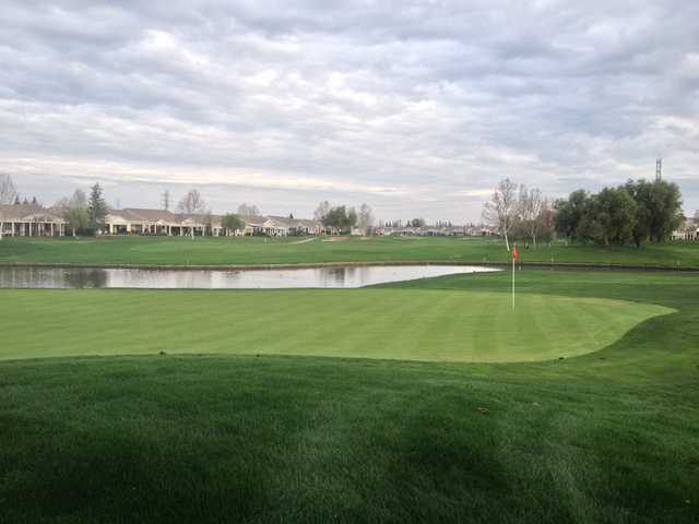 A view of a green with water coming into play at Brentwood Golf Club.