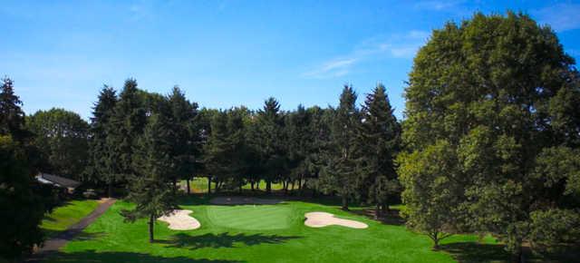 A view of a green flanked by bunkers at Yellow from Charbonneau Golf Club.