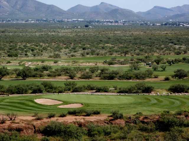 A view of green with sand traps on the left at Turquoise Valley Golf Course & RV Park