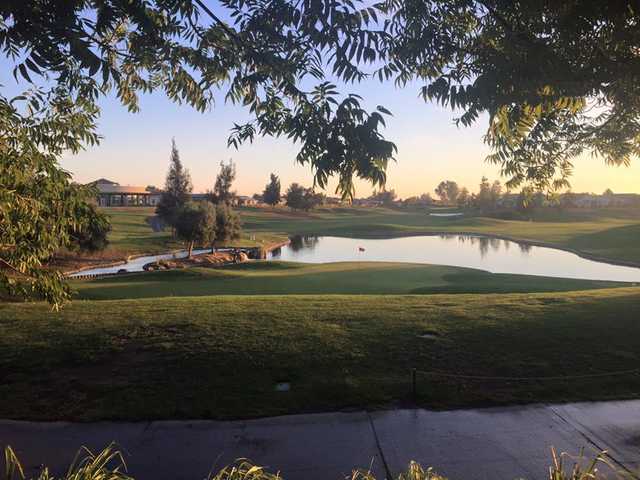 A view of a green with water coming into play  Rio Vista Golf Club.