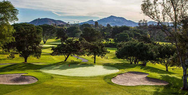 A view of a hole flanked by bunkers at Oaks North Golf Course.