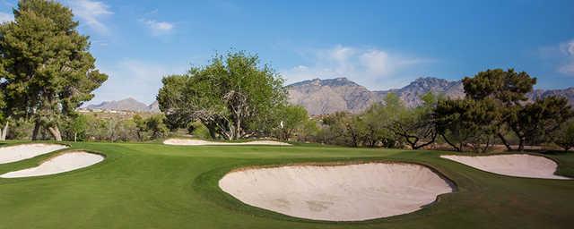 A view of green #15 surrounded by tricky bunkers at Tucson Country Club.