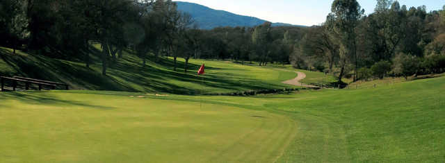 A view of a green and a cart path in background at Hidden Valley Lake Golf Course.