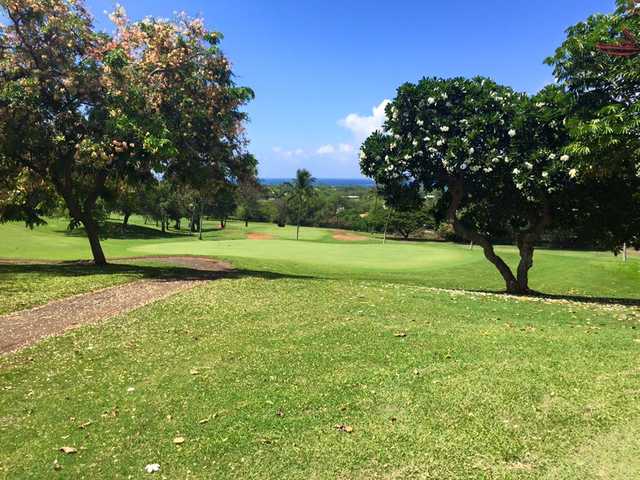 A sunny day view of a green at Makaha Valley Country Club.