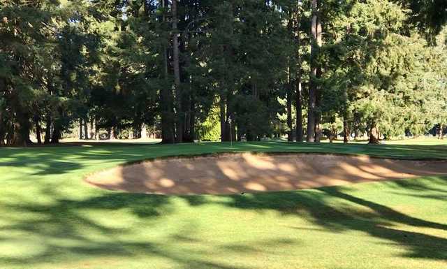A sunny day view of a hole at Lake Spanaway Golf Course.