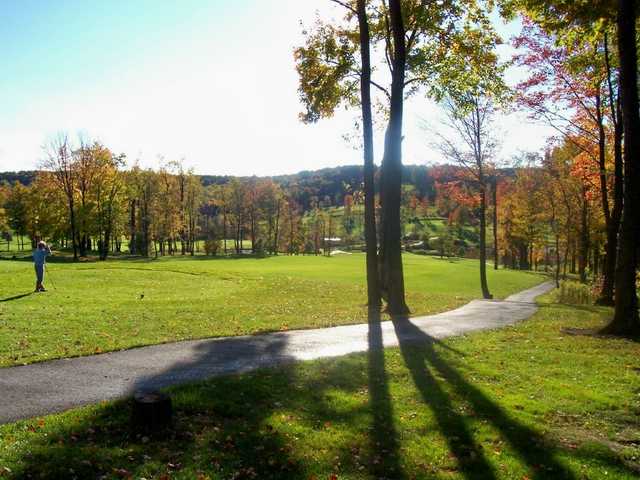 A fall day view of a tee at Bavarian Hills Golf Course.