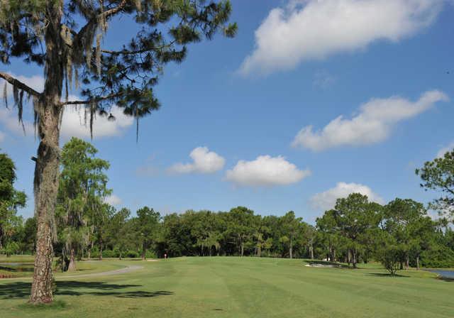 #14 at Pebble Creek is a dogleg left par 4. A long iron off the tee should be plenty to avoid going through the fairway. Favoring left side of fairway will help avoid trees that guard the green.