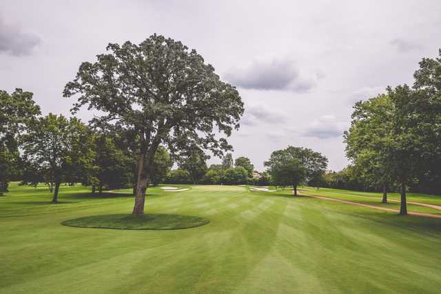 A view of a hole flanked by bunkers at Ridgemoor Country Club.
