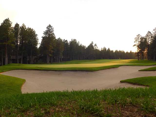 A view of a well protected green at Forest Highlands Golf Club.