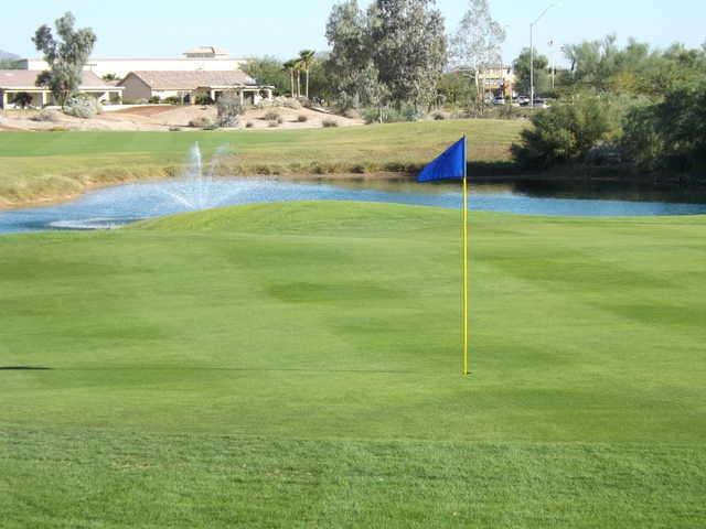 A view of a green with water coming into play at Mission Royale Golf Club.