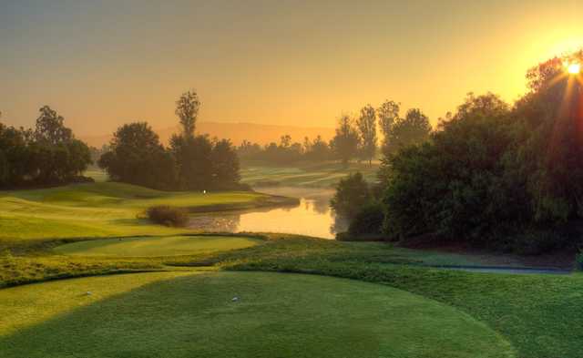 A sunset view from a tee at Oak Creek Golf Club.