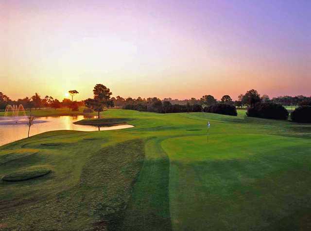 A sunset view of a hole at Bardmoor Golf & Tennis Club.