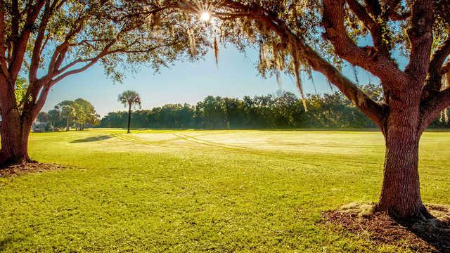 A sunny day view of a fairway at Riverside Golf Course.