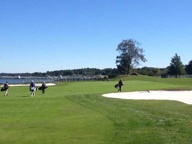 A view of a well protected green at Cambridge River Marsh Golf Club from Hyatt Chesapeake Bay.