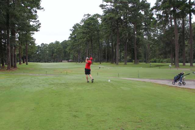 A view of a tee at Moody Quiet Pines Golf Course.