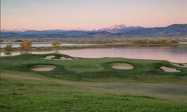 A view of the 16th raised green located on the peninsula along McNeil Reservoir at TPC Colorado.