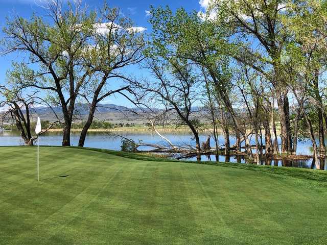 A view of the 8th hole that is played on a narrow, natural peninsula lined by trees at TPC Colorado.