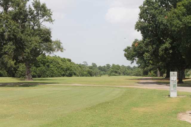 A view of tee #12 sign at Gus Wortham Park Golf Course.