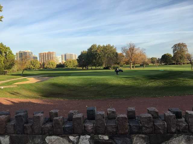 A fall day view of a green at Sydney R. Marovitz Golf Course.
