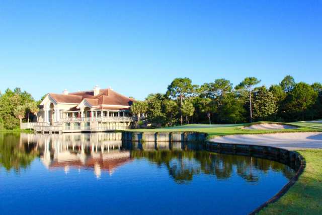 A view of the clubhouse and a green at Regatta Bay Golf & Yacht Club.