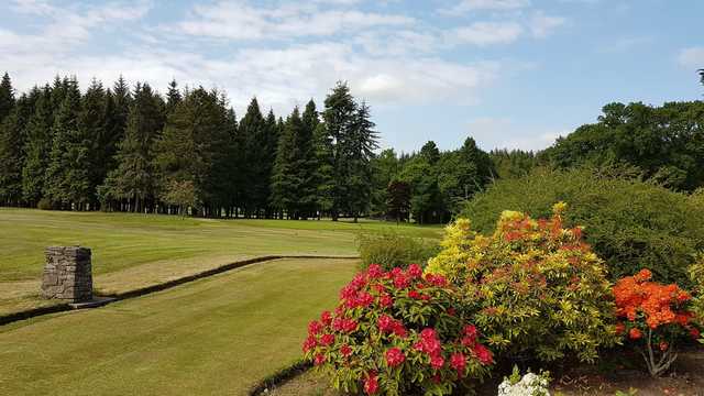 A sunny day view of a hole at Downfield Golf Club.