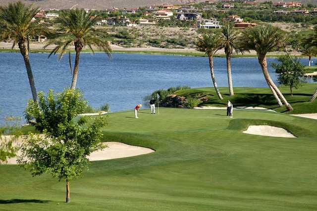 A view of a well protected hole at Reflection Bay Golf Club.