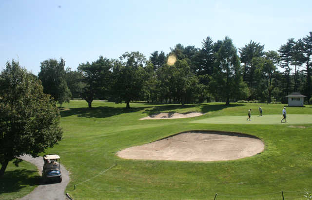 A view of a well protected hole at Saxon Woods Golf Course.