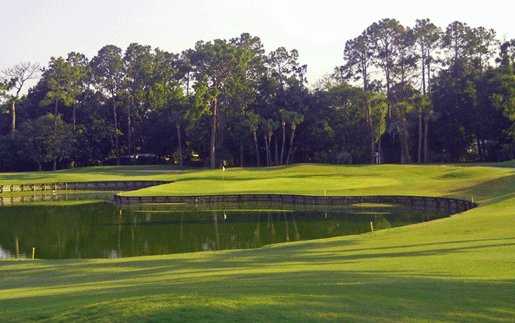 A view of a green with water in foreground at San Jose Country Club