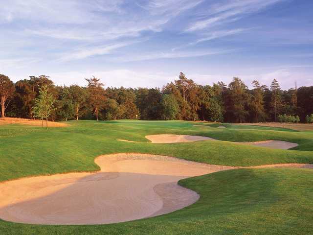A sunset view of a well protected green from The O'Meara Course at Carton House Golf Club.