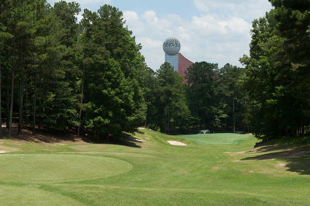 A sunny day view from a tee at Dancing Rabbit Golf Club.