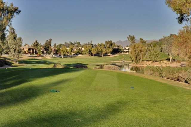 A view of a tee at Gainey Ranch Golf Club.