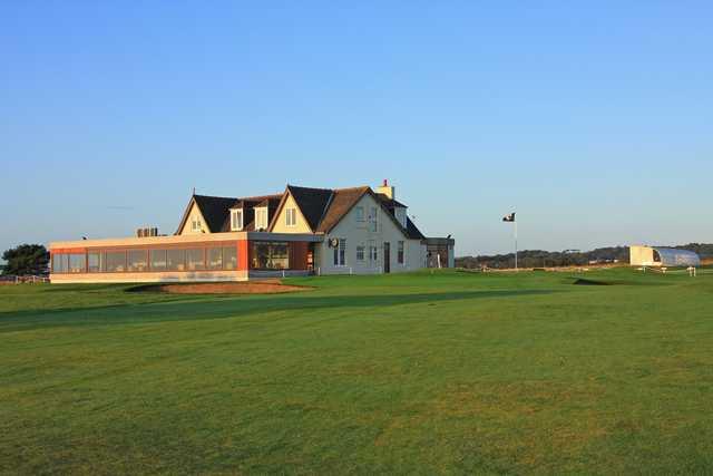 A view of the clubhouse and a green at Murcar Links Golf Club.